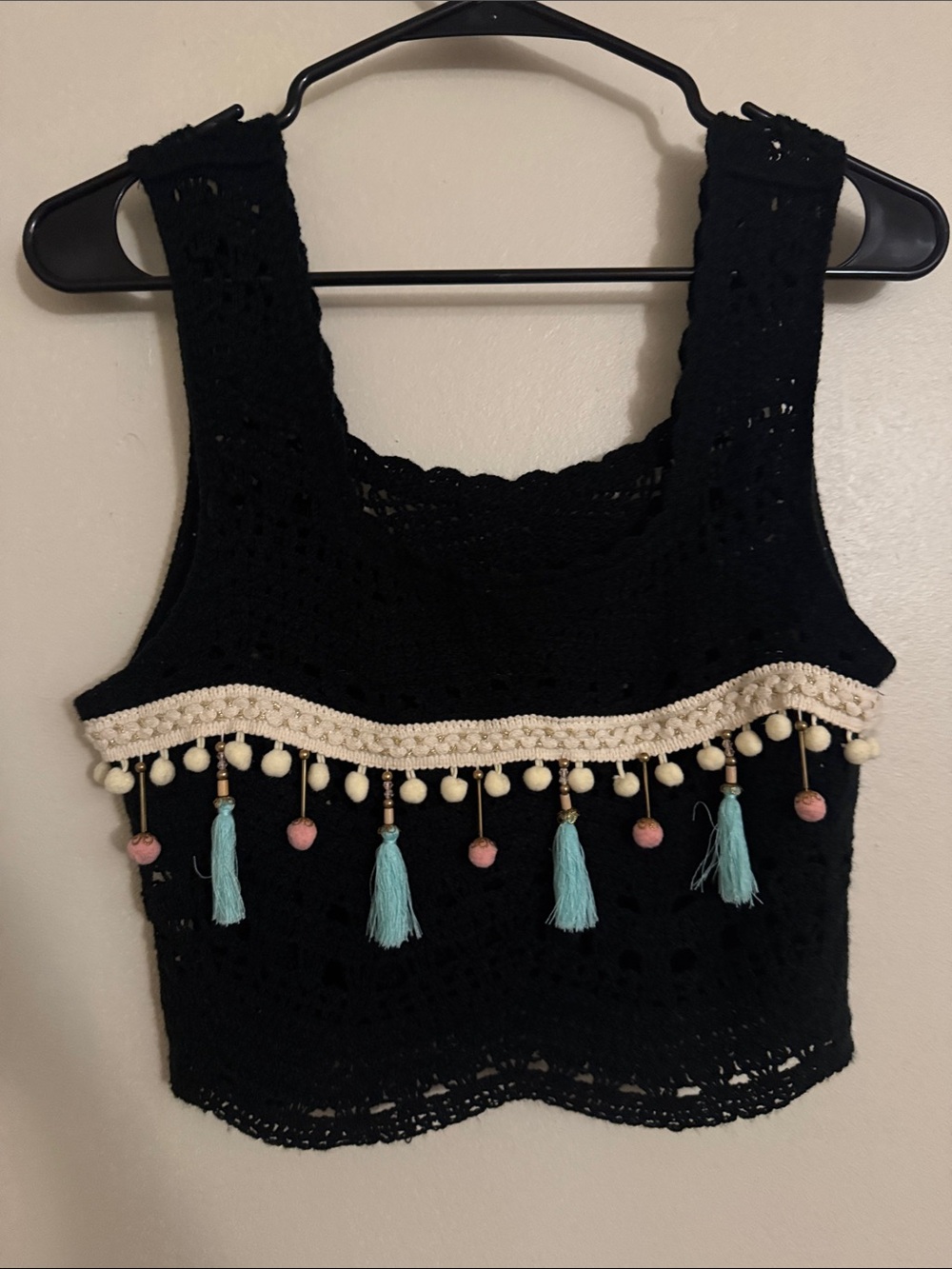 Crochet Black Tank Top with Tassel Trim